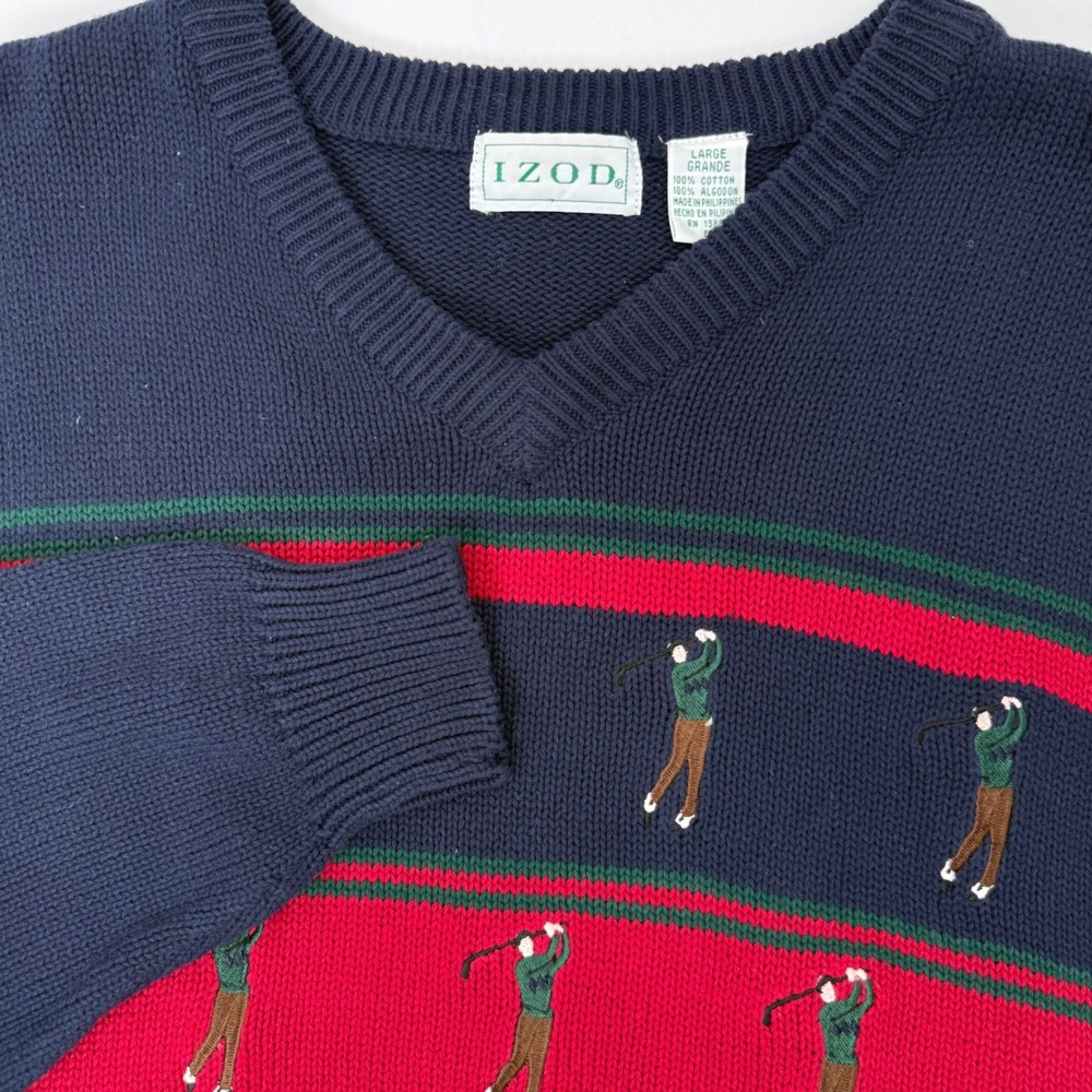 IZOD Sweater Men Large Navy‎ Blue Striped Embroidered Golfers V-Neck Cotton